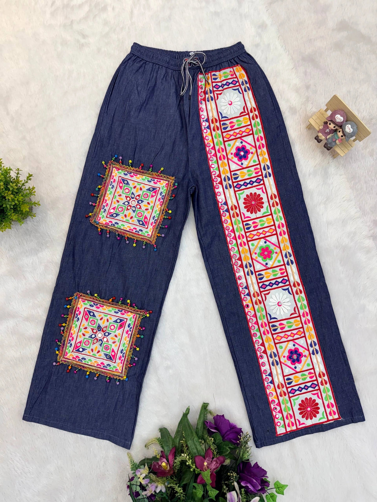Ghughari Embroidered Denim Jeans Flat Lay Detail Kalyanja KC16