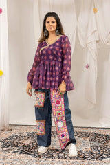 Wine Purple Coord Set Full Length V-Neck Kediya Ghughari Jeans Kalyanja KC16