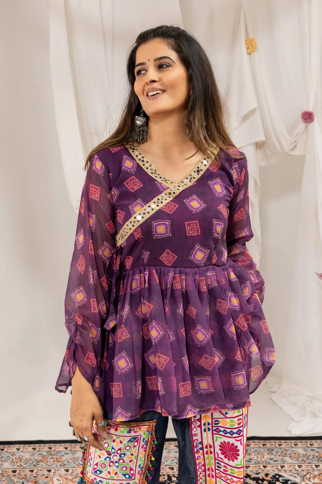 Wine Purple Faux Georgette Kediya Top Close Up Mirror Work Kalyanja KC16