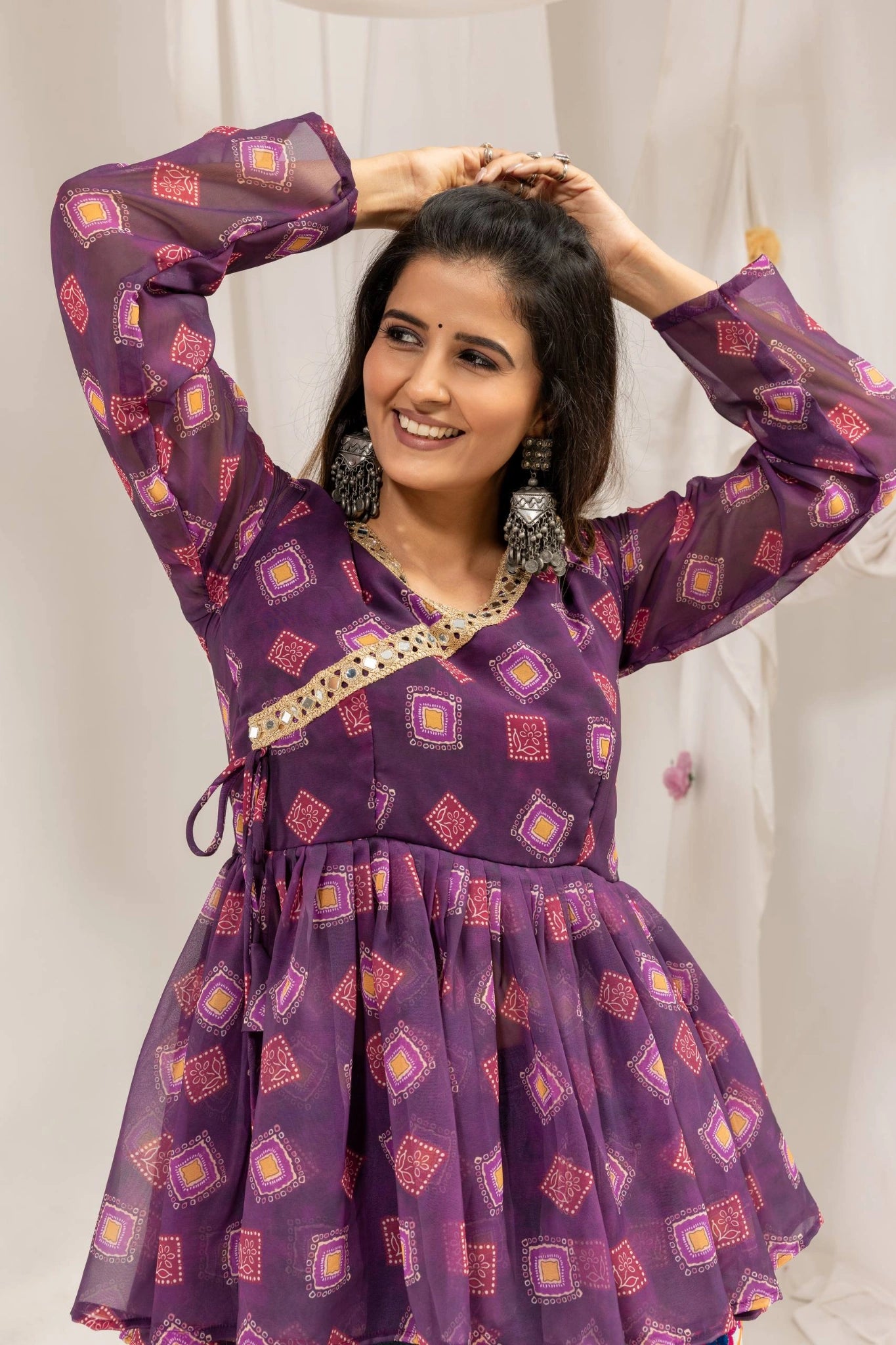 Wine Purple Bandhani Kediya V-Neck Close Up Smiling Model Kalyanja KC16