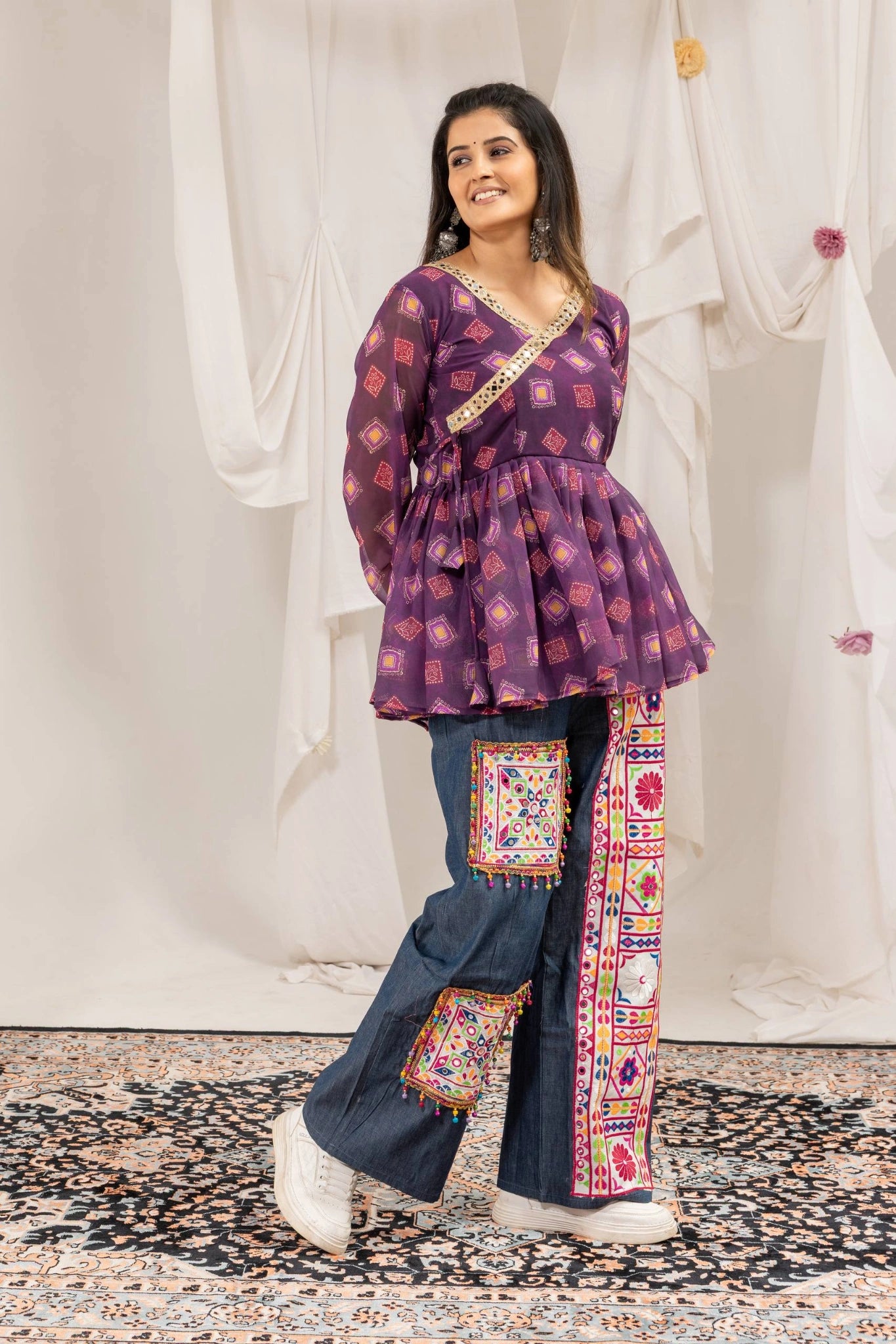 Faux Georgette Kediya V-Neck Mirror Work Detail Wine Purple Kalyanja KC16