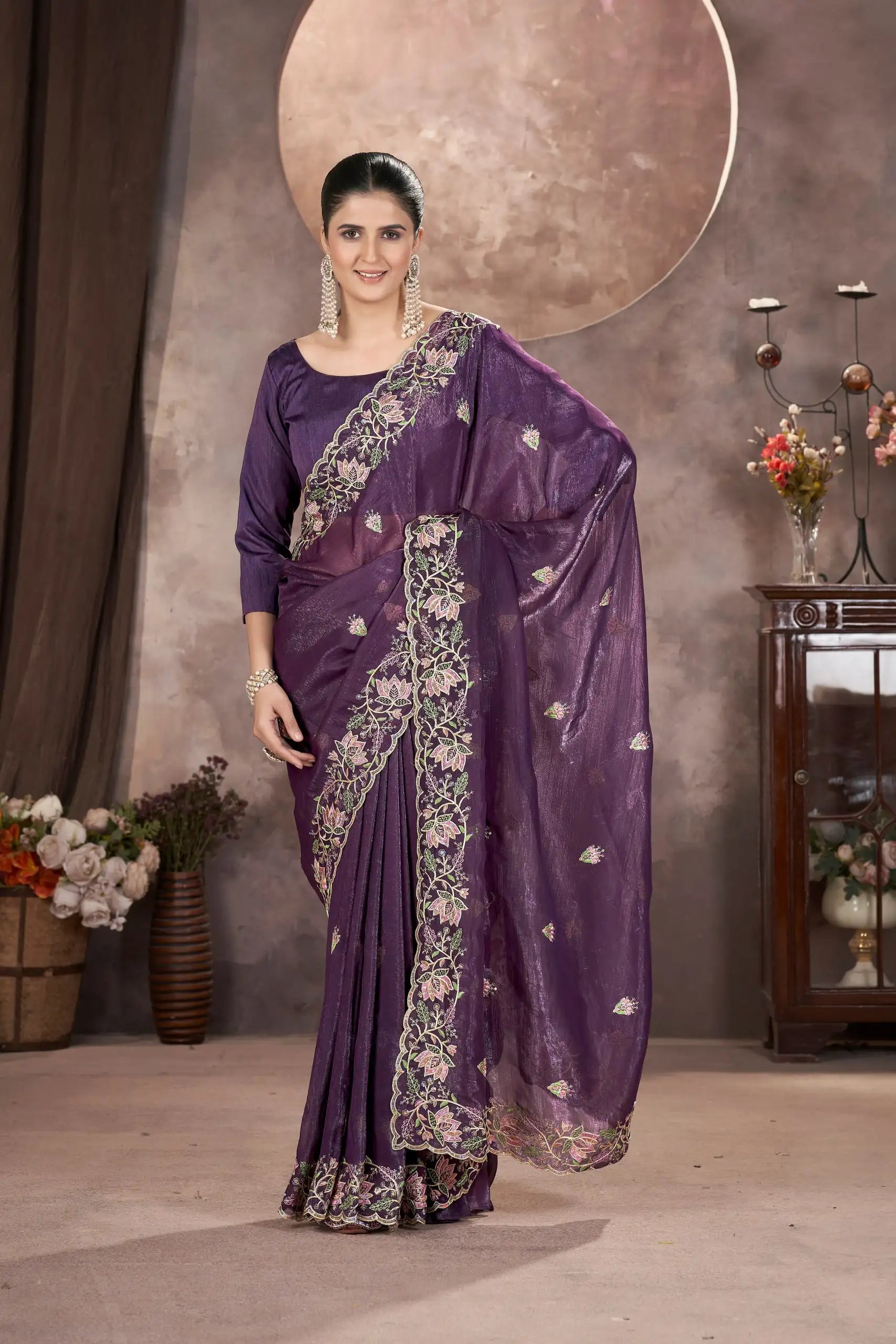 Wine Purple Multi Thread Embroidered Saree full front – KS376