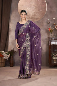 Wine Purple Multi Thread Embroidered Saree – Gold Crunchy, Sequins & Cut Work