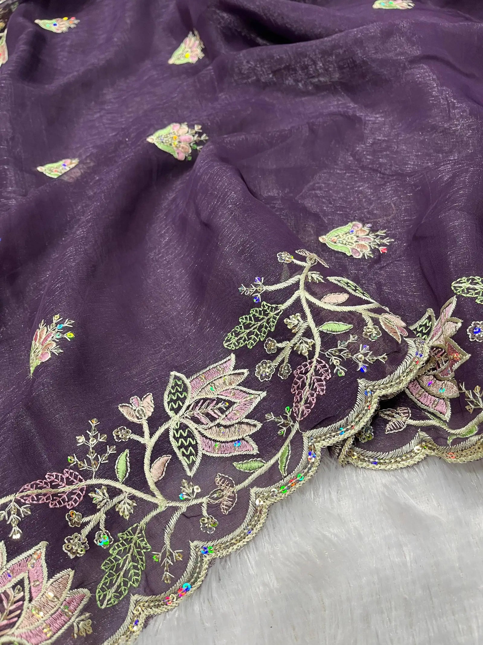 Wine Purple Embroidered Saree pallu spread flat lay – KS376