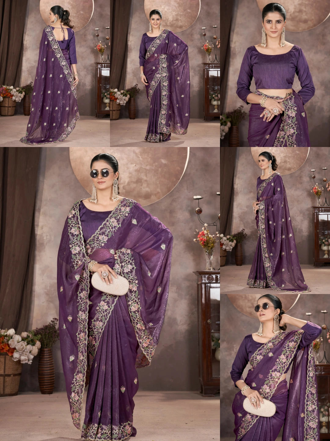 Wine Purple Multi Thread Embroidered Saree collage – KS376 Kalyanja