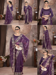 Wine Purple Multi Thread Embroidered Saree collage – KS376 Kalyanja