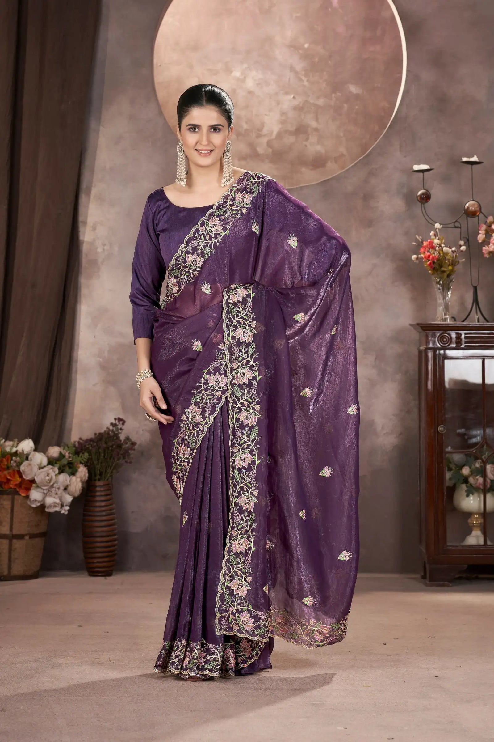 Wine Purple Multi Thread Embroidered Saree full front – KS376
