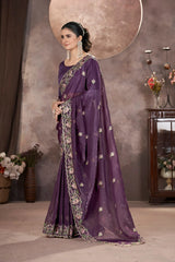 Wine Purple Butterfly Net Saree portrait close-up – KS376
