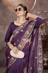 Wine Purple Butterfly Net Saree sequins embroidery detail – KS376