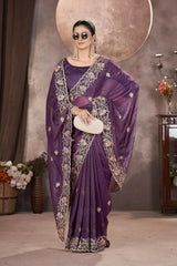 Wine Purple Embroidered Saree border cut-work detail – KS376