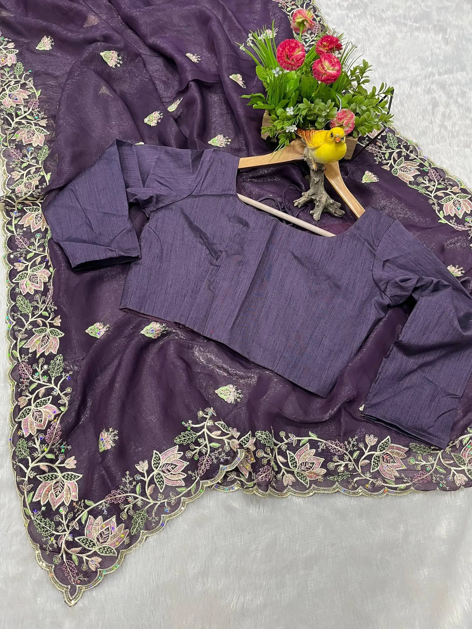 Wine Purple Saree flat lay full spread – KS376