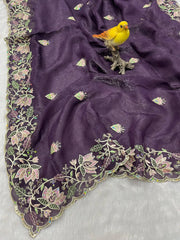 Wine Purple Butterfly Net Saree embroidery flat lay – KS376