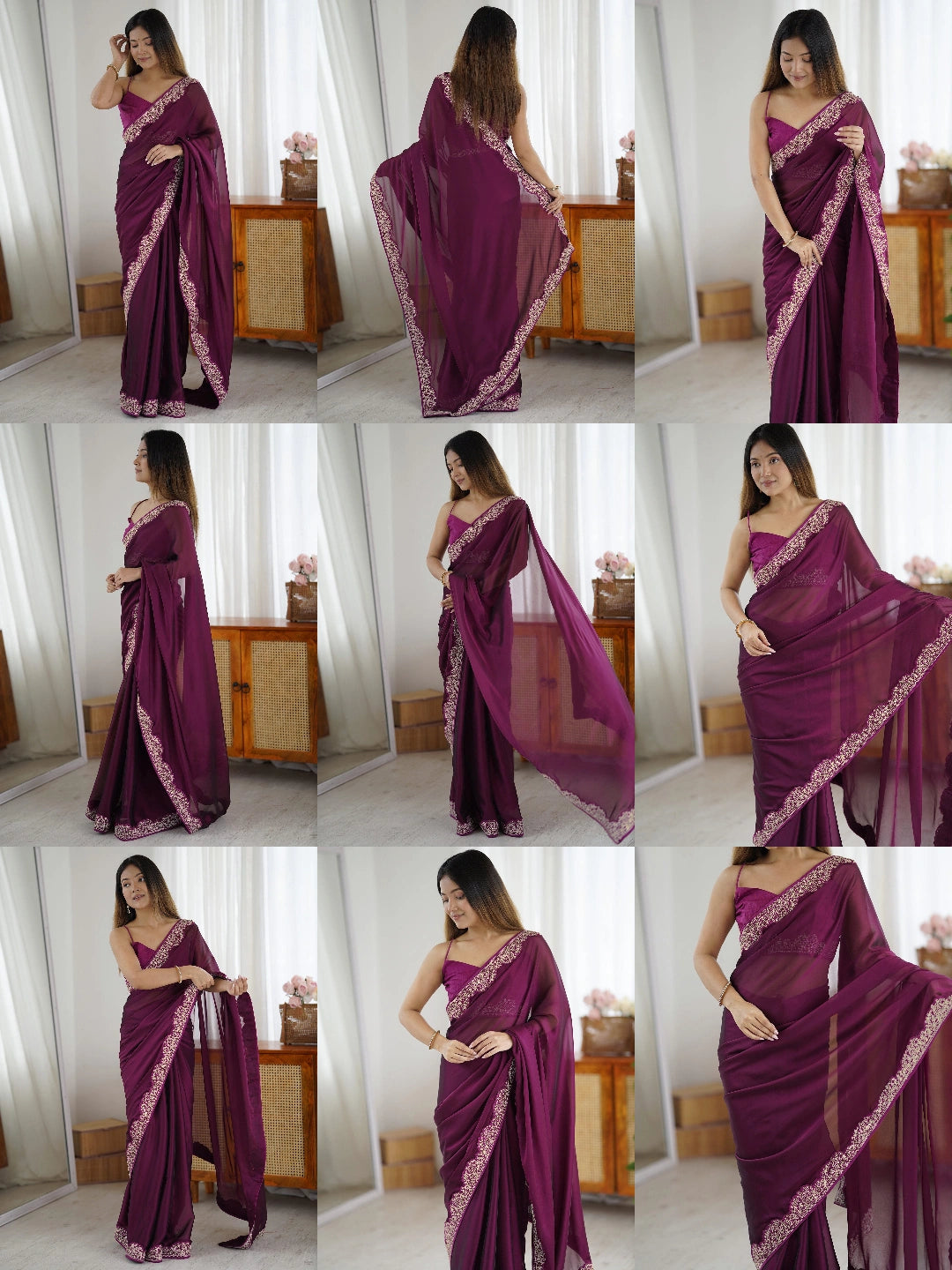 Wine Purple Embroidered Saree Collage | Rangoli Silk Blend | KS392 | Kalyanja