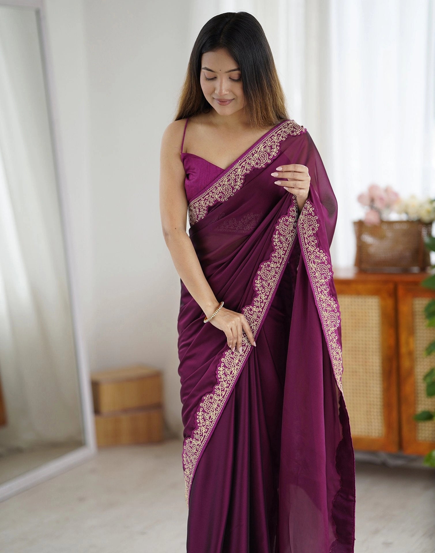 Wine Purple Embroidered Saree Sangeet | Rangoli Silk Blend | KS392 | Kalyanja