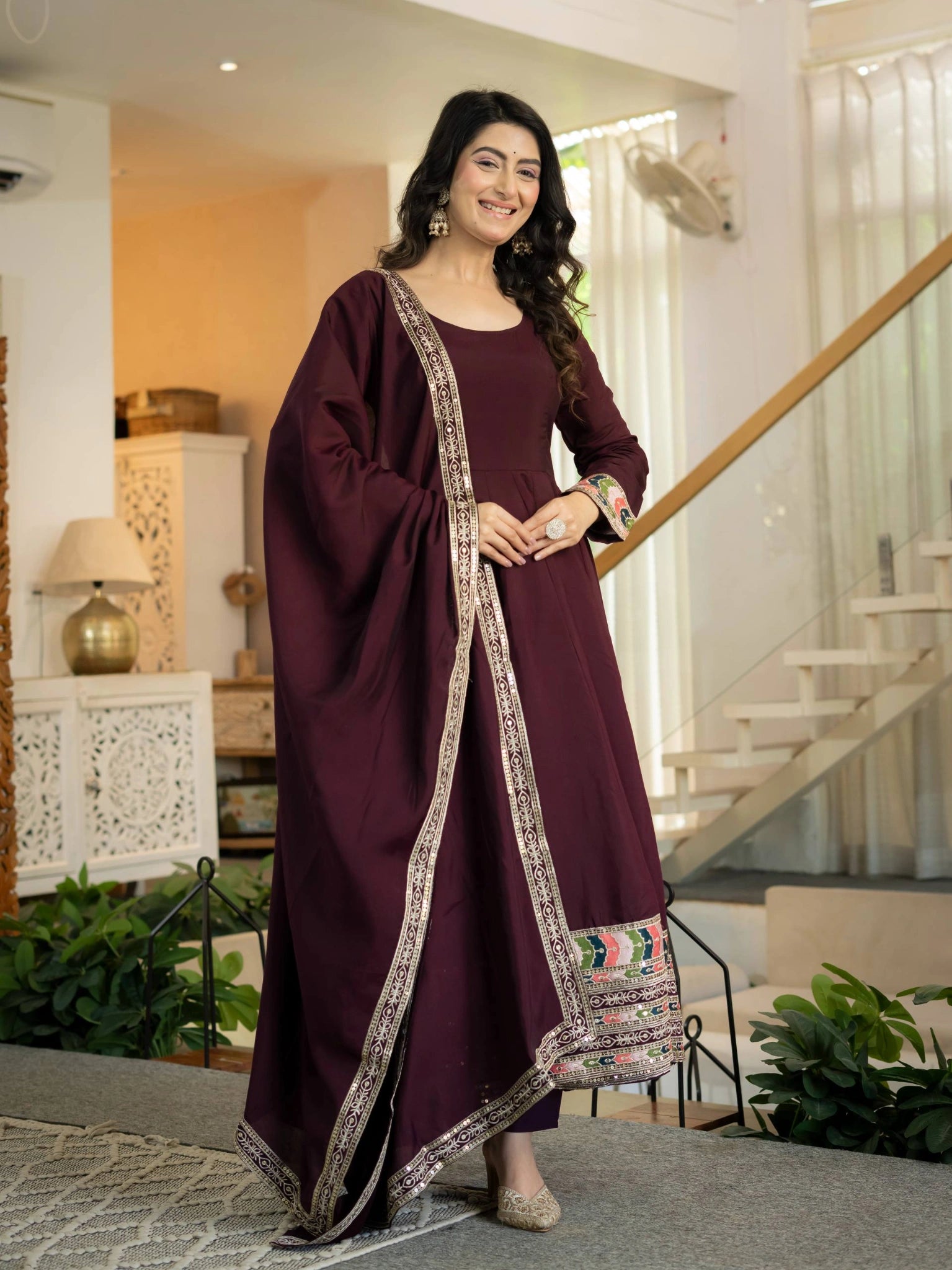 Wine Sequins Anarkali Suit front view smiling model Roman Silk Blend KU285
