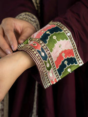 Wine Sequins Anarkali Suit extreme close up multicolor tribal cuff embroidery