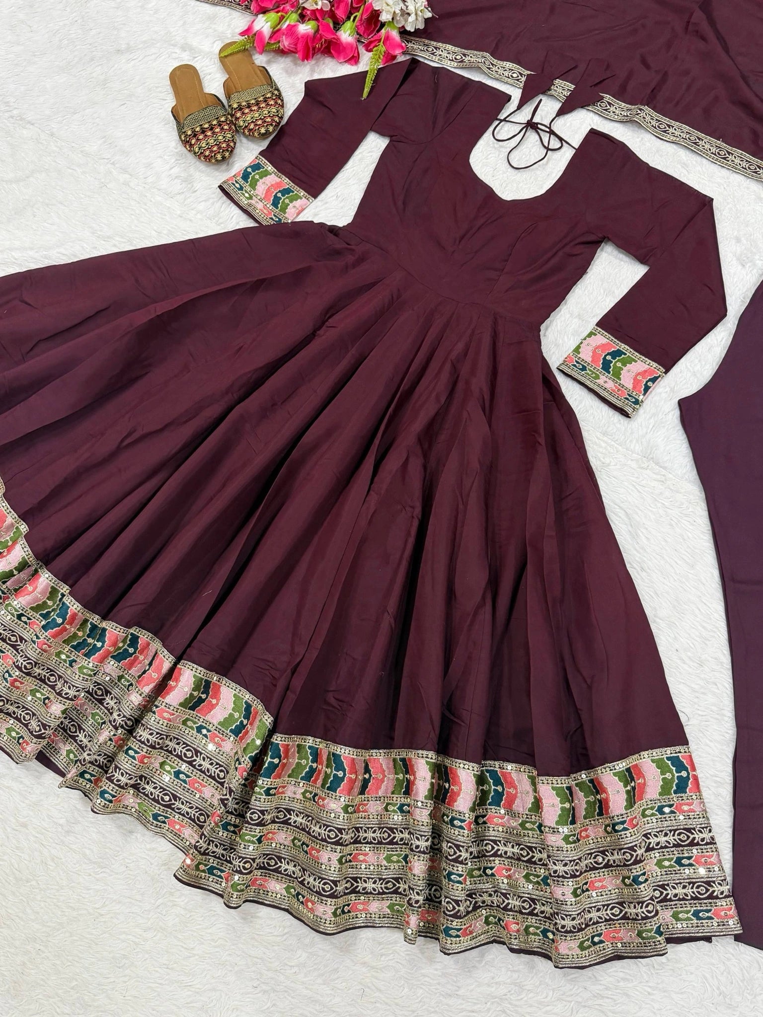 Wine Anarkali Suit flat lay full spread showing flair and hem border KU285
