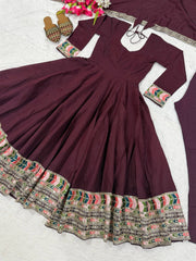 Wine Anarkali Suit flat lay full spread showing flair and hem border KU285