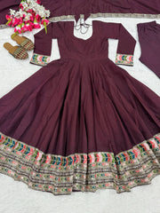 Wine Sequins Anarkali Suit flat lay 3 piece set with pant and dupatta