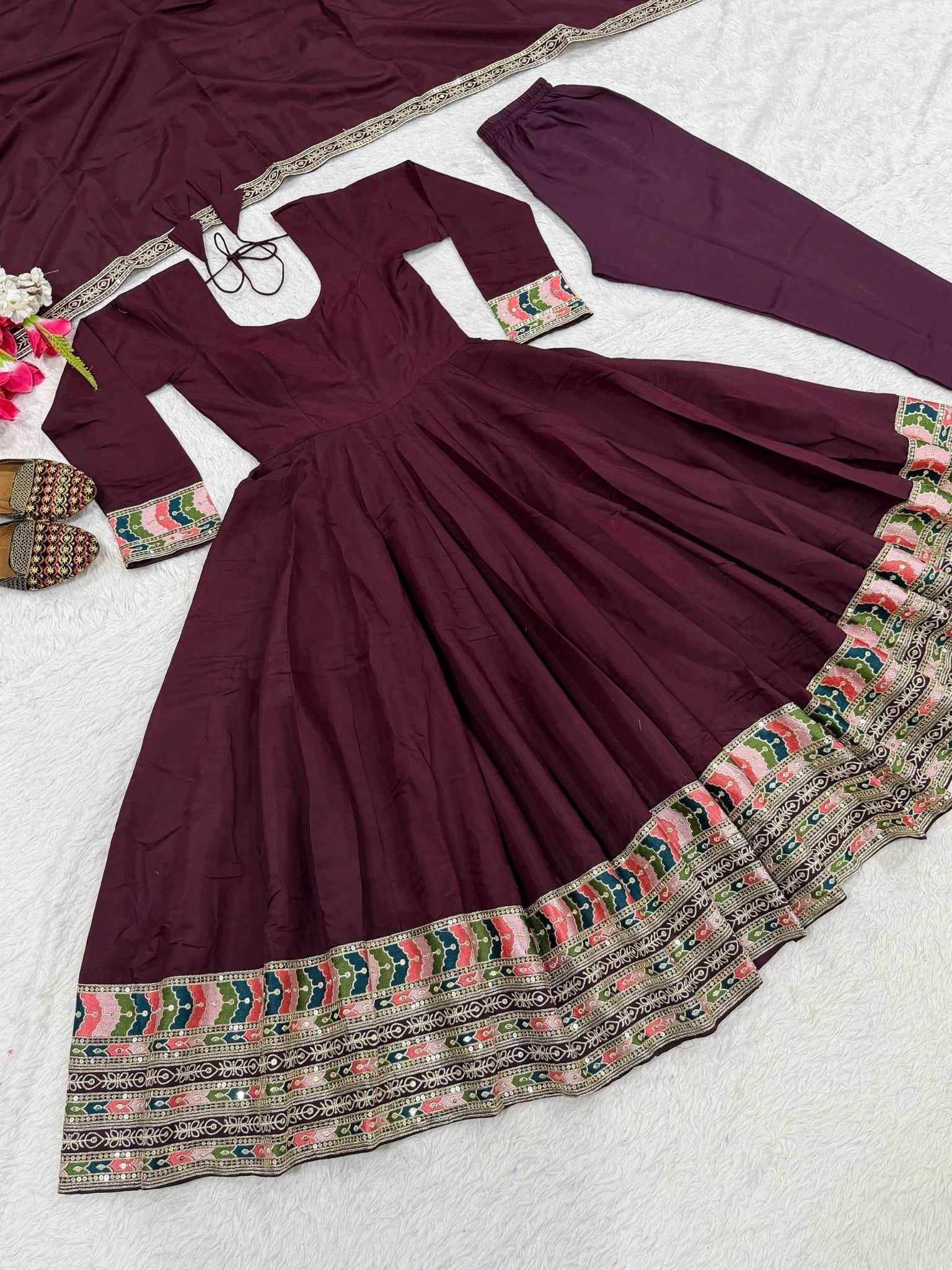 Wine Anarkali Suit flat lay different angle showing colorful border detail