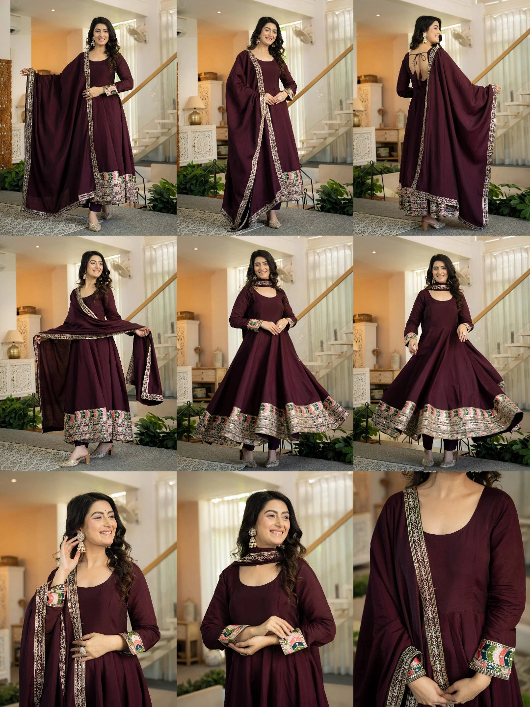 Wine Sequins Anarkali Suit KU285 collage all views front back detail flat lay