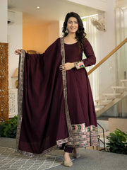 Wine Sequins Anarkali Suit full length front holding dupatta Kalyanja