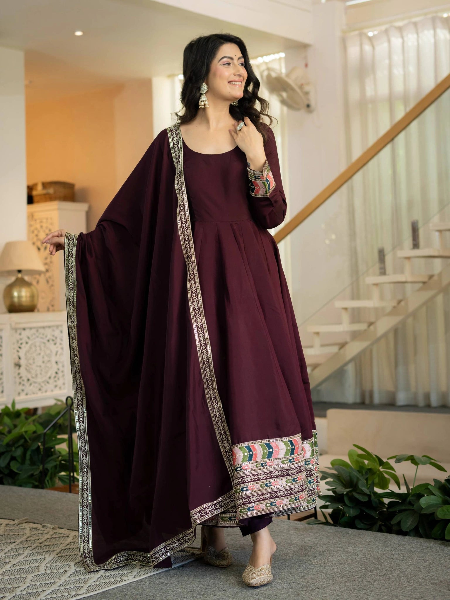 Wine Anarkali Suit three quarter view dupatta draped showing colorful border