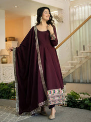 Wine Anarkali Suit three quarter view dupatta draped showing colorful border