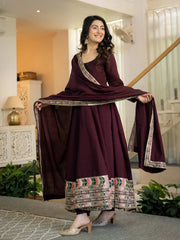 Wine Sequins Anarkali Suit model holding dupatta spread showing embroidered border