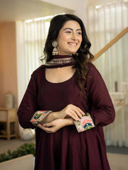 Wine Anarkali Suit close up portrait showing U neckline and cuff embroidery