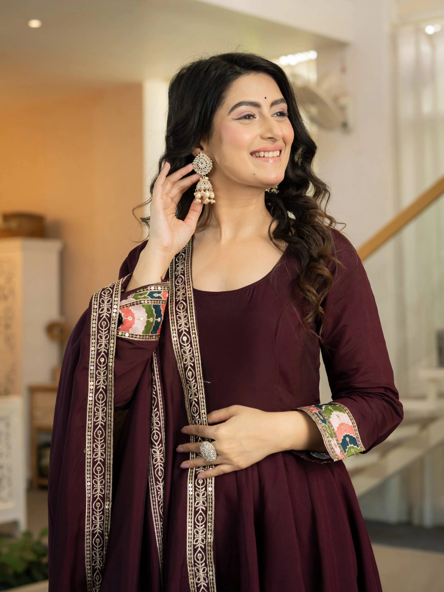 Wine Sequins Anarkali Suit upper body close up showing fabric texture and cuff work