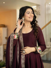 Wine Sequins Anarkali Suit upper body close up showing fabric texture and cuff work