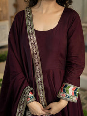 Wine Anarkali Suit U neckline close up with dupatta embroidered border detail