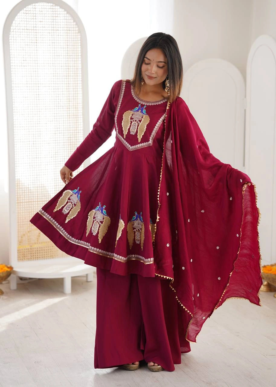 Wine Sequins Embroidered Suit Roman Silk Blend Palazzo KU273 Kalyanja