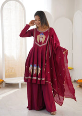 Wine Palazzo Suit Peacock Motif Bottom Detail KU273 Kalyanja