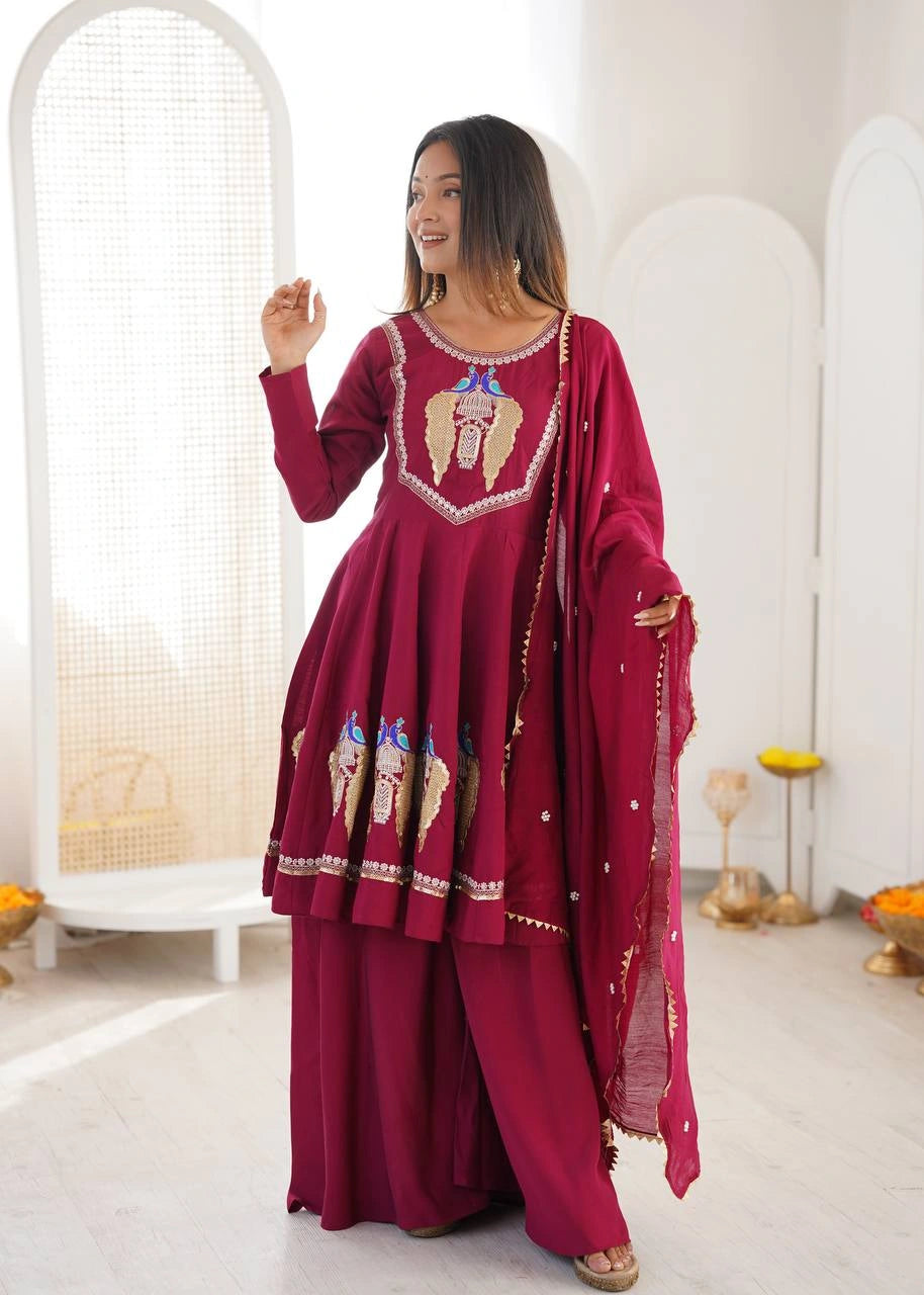 Wine Sequins Embroidered Suit Hem Detail KU273 Kalyanja