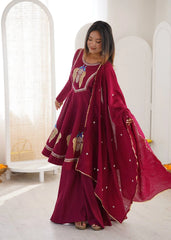 Wine Roman Silk Blend Suit Neckline KU273 Kalyanja