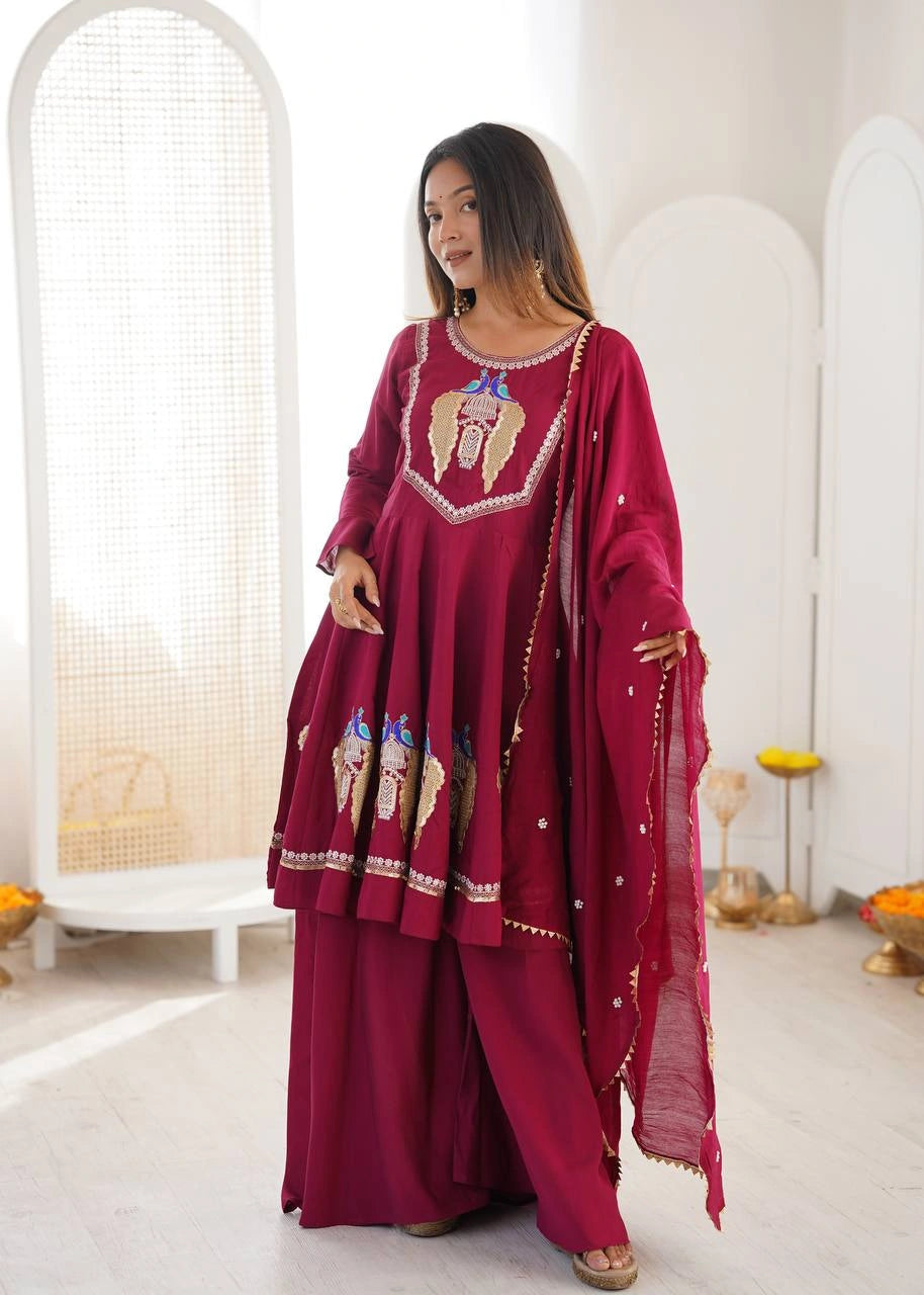 Wine Sequins Suit Palazzo Embroidery Detail KU273 Kalyanja