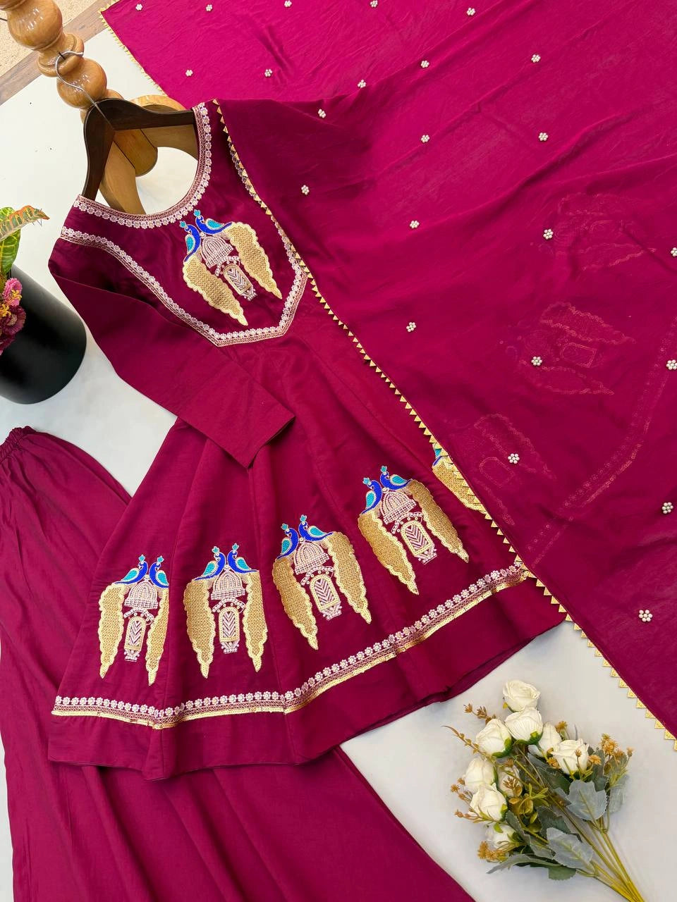 Wine Sequins Embroidered Suit Flat Lay All Pieces KU273 Kalyanja