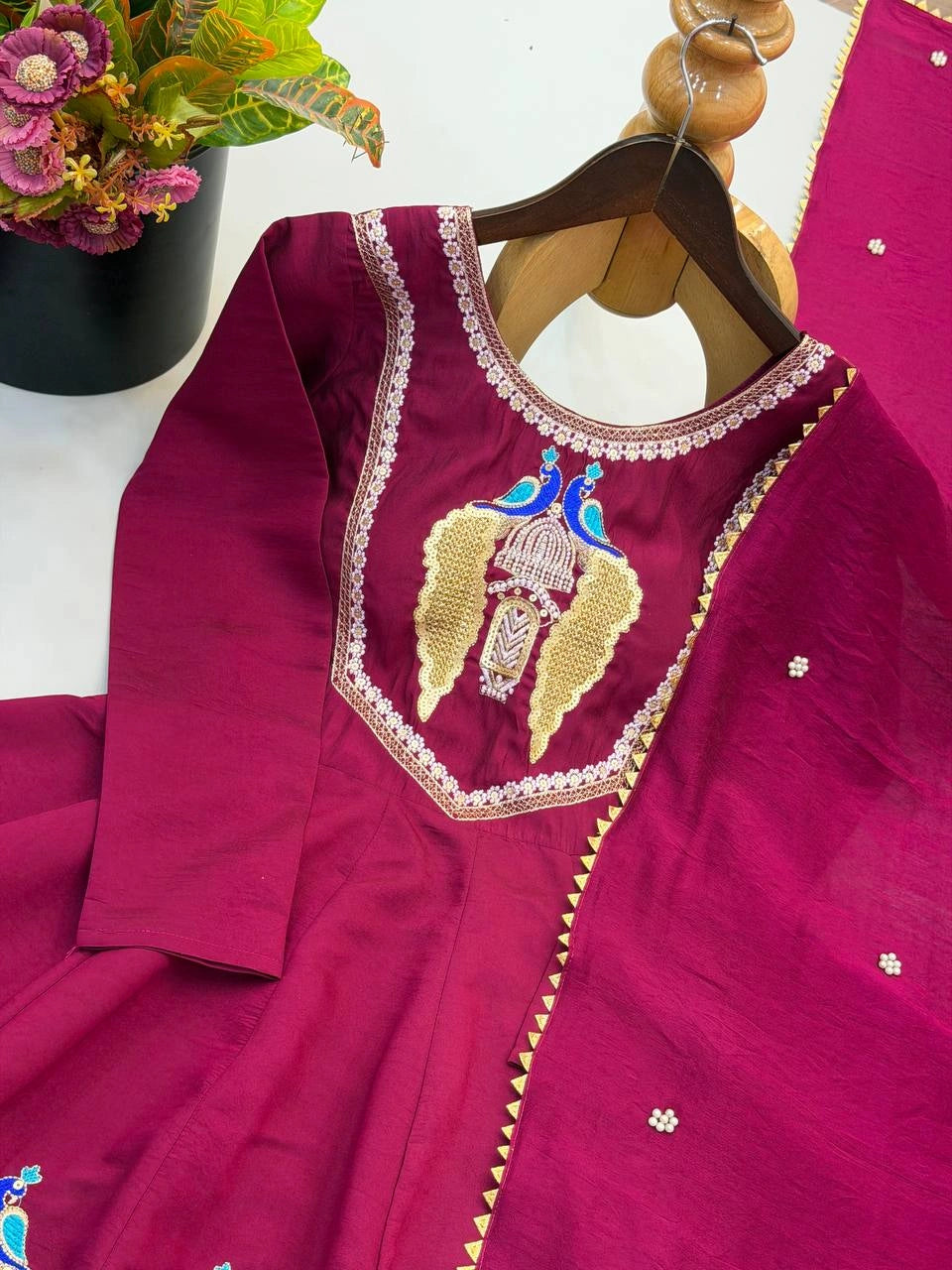 Wine Sequins Embroidered Suit With Palazzo Multiple Angles KU273 Kalyanja