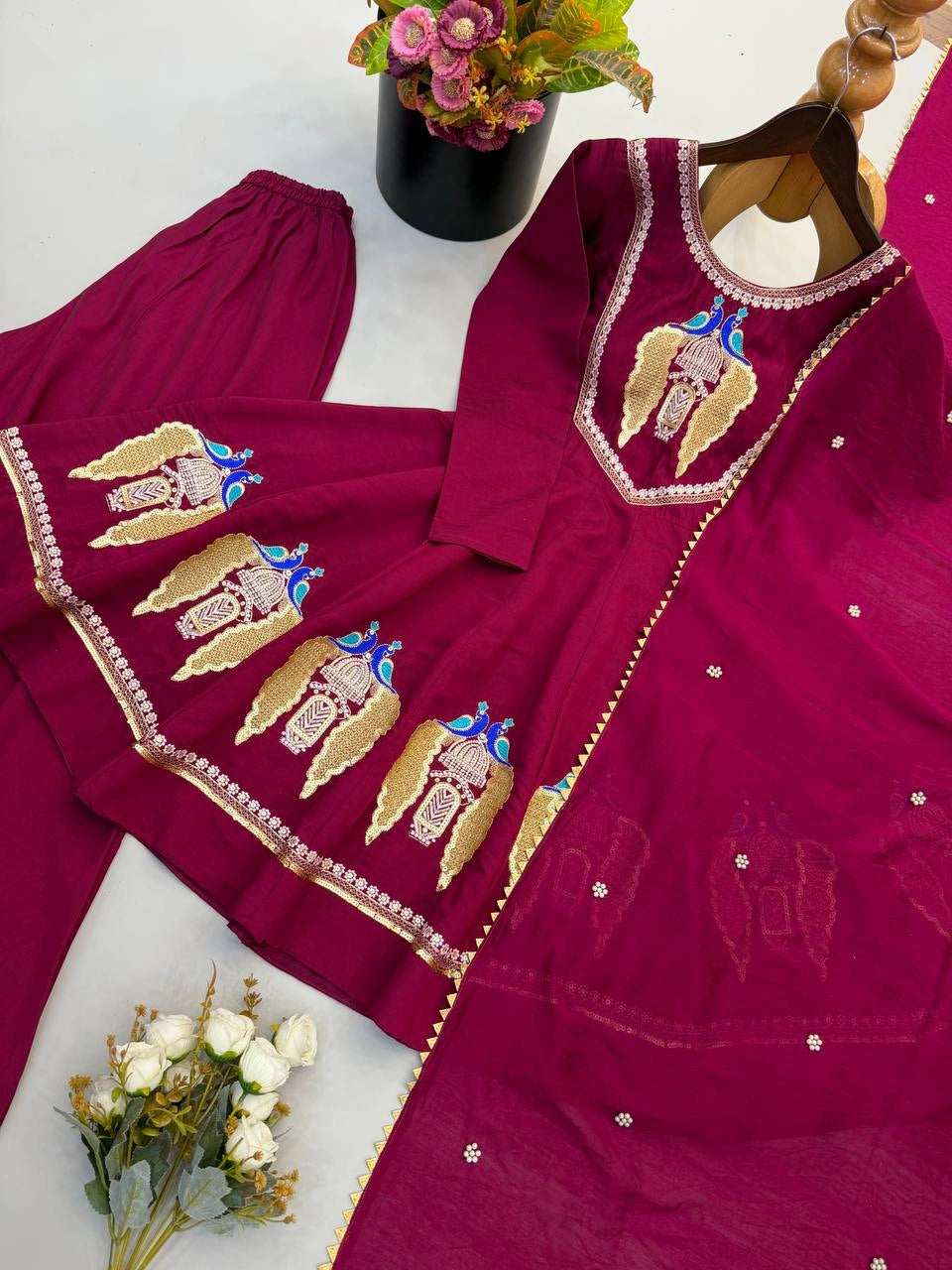Wine Sequins Suit Traditional Motif Front KU273 Kalyanja