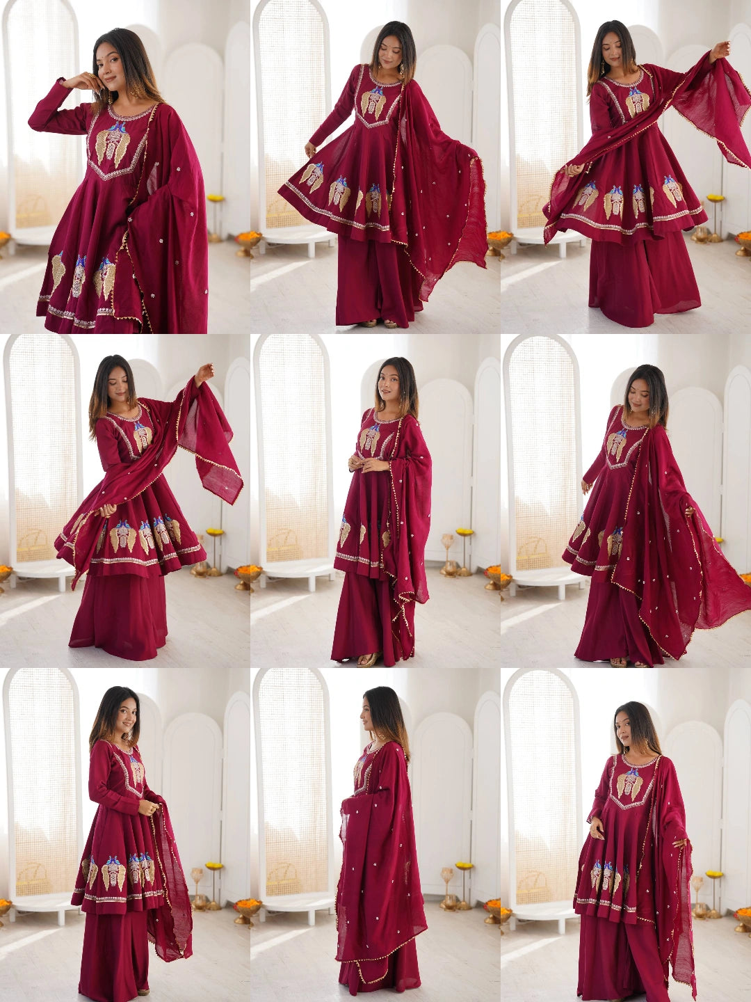 Wine Sequins Embroidered Suit All Views Collage KU273 Kalyanja