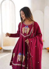 Wine Sequins Embroidered Suit Front View KU273 Kalyanja
