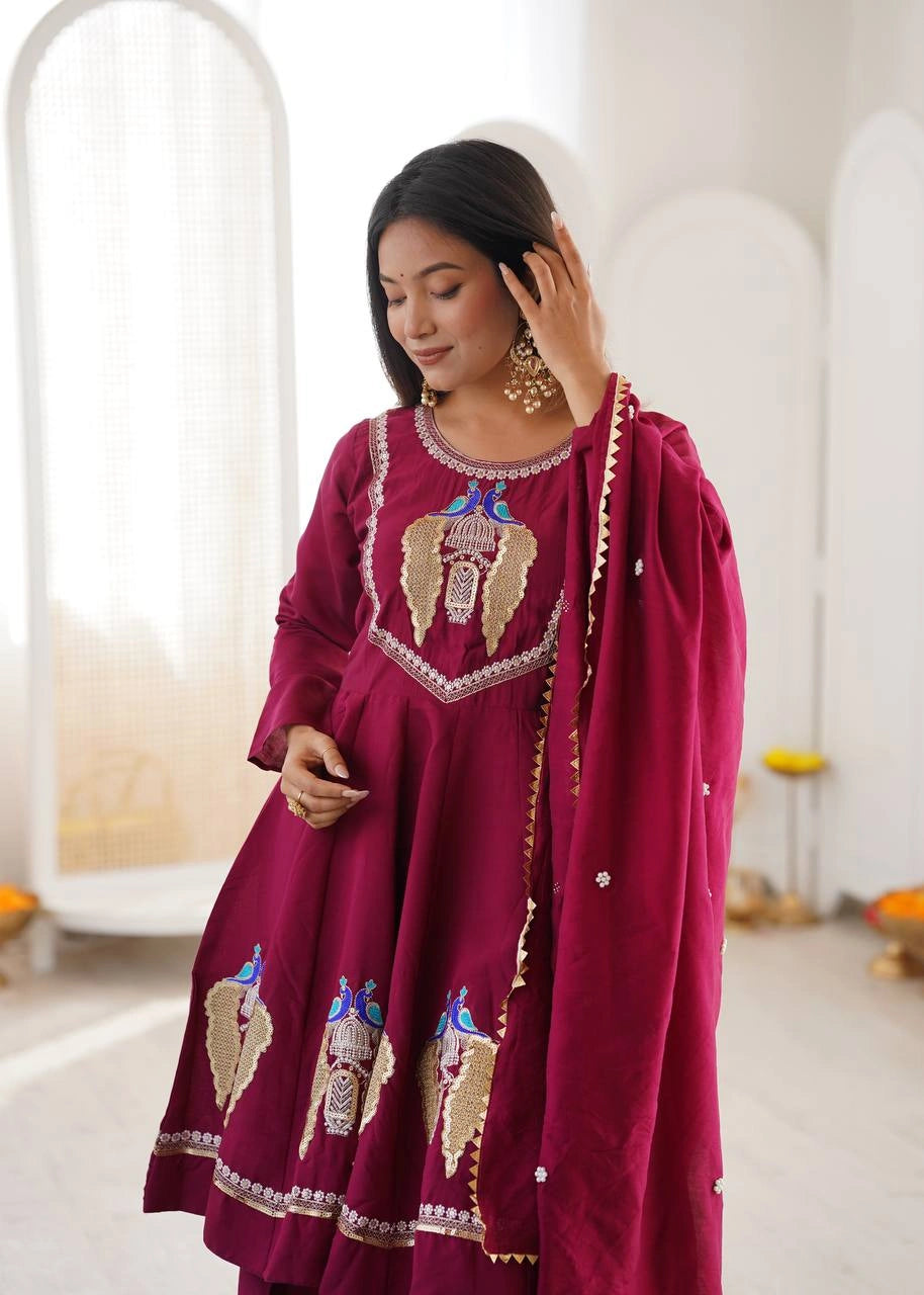 Wine Sequins Suit Upper Body Peacock Jhumka Motif KU273 Kalyanja