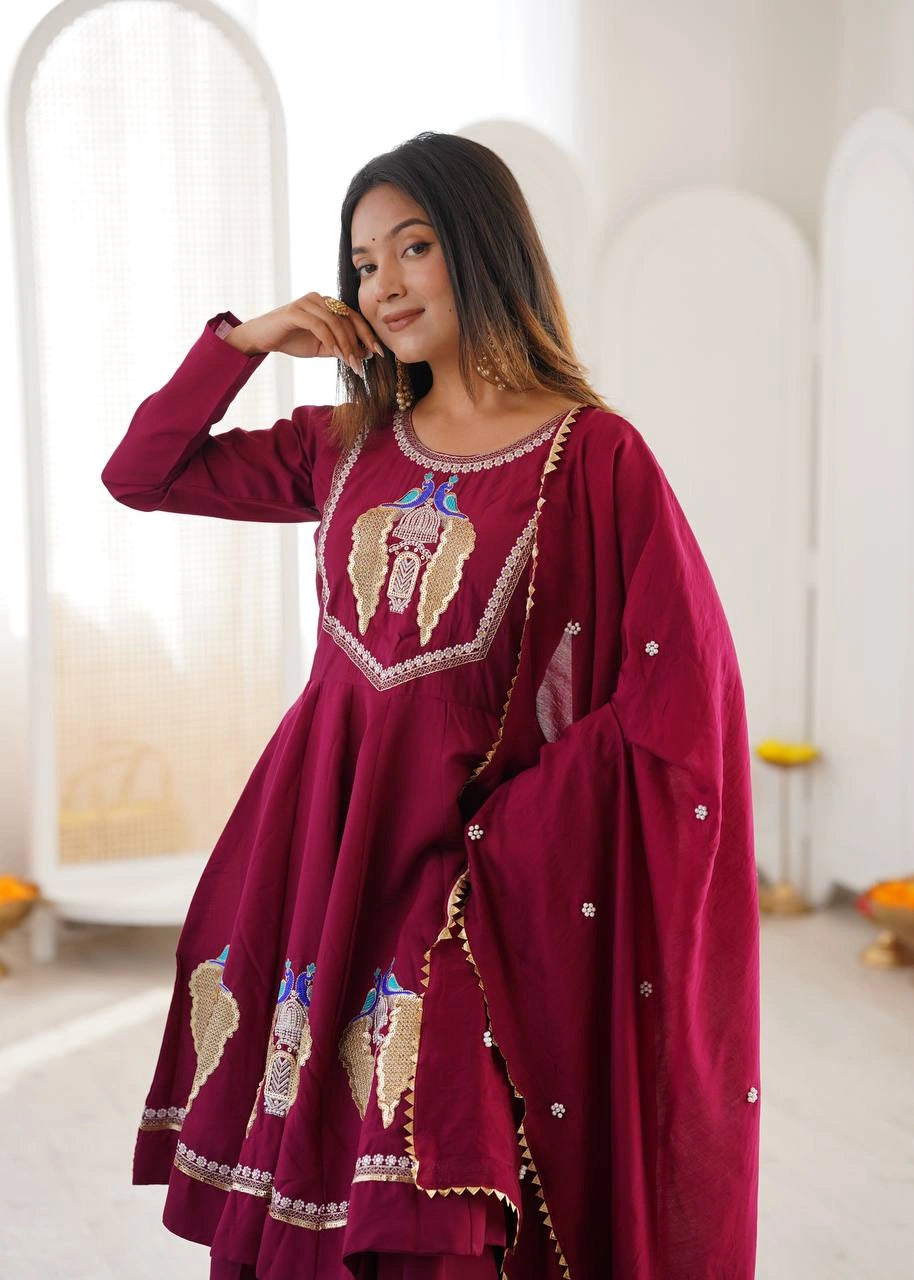 Wine Sequins Embroidered Suit Side View KU273 Kalyanja