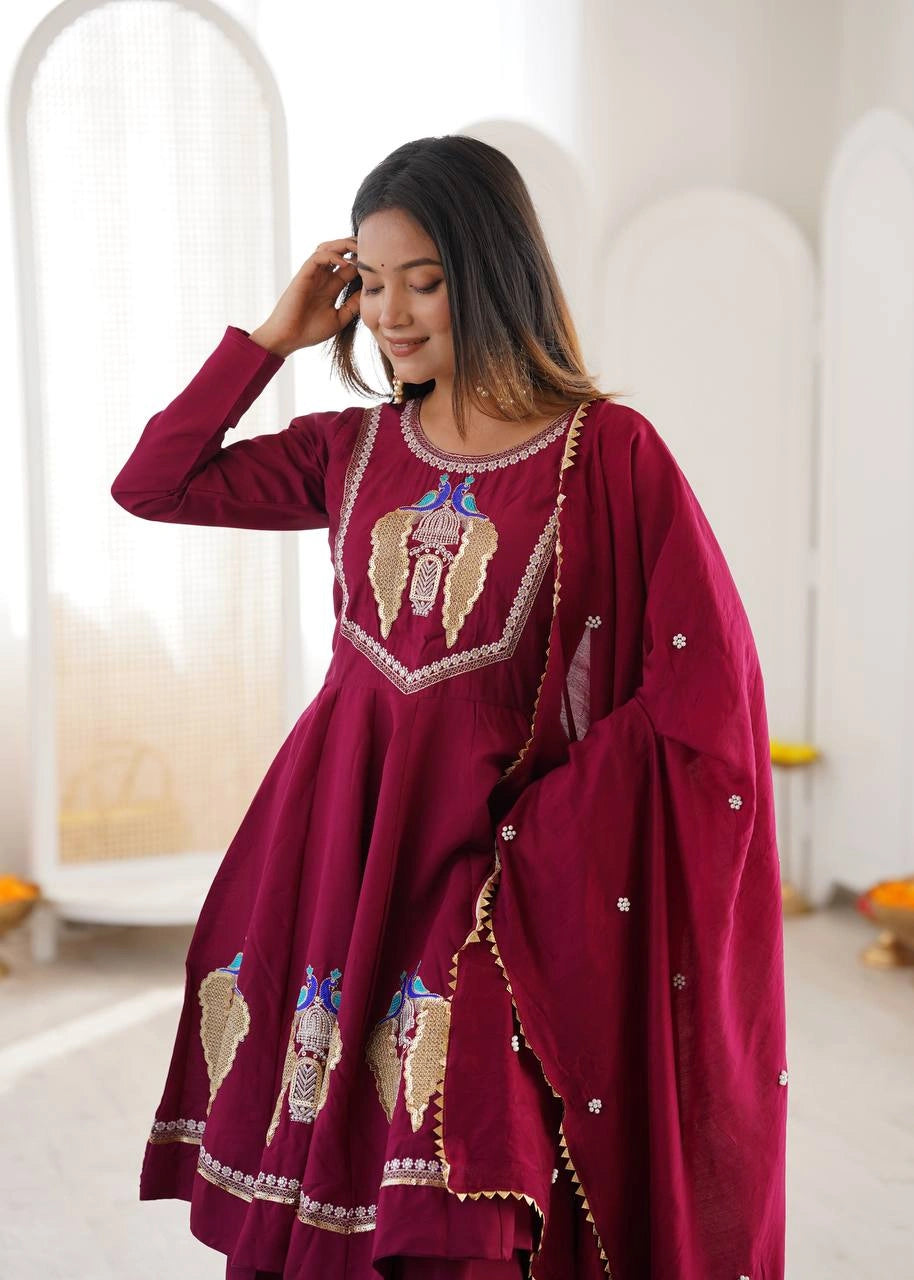 Wine Palazzo Suit Full Sleeve Round Neck KU273 Kalyanja