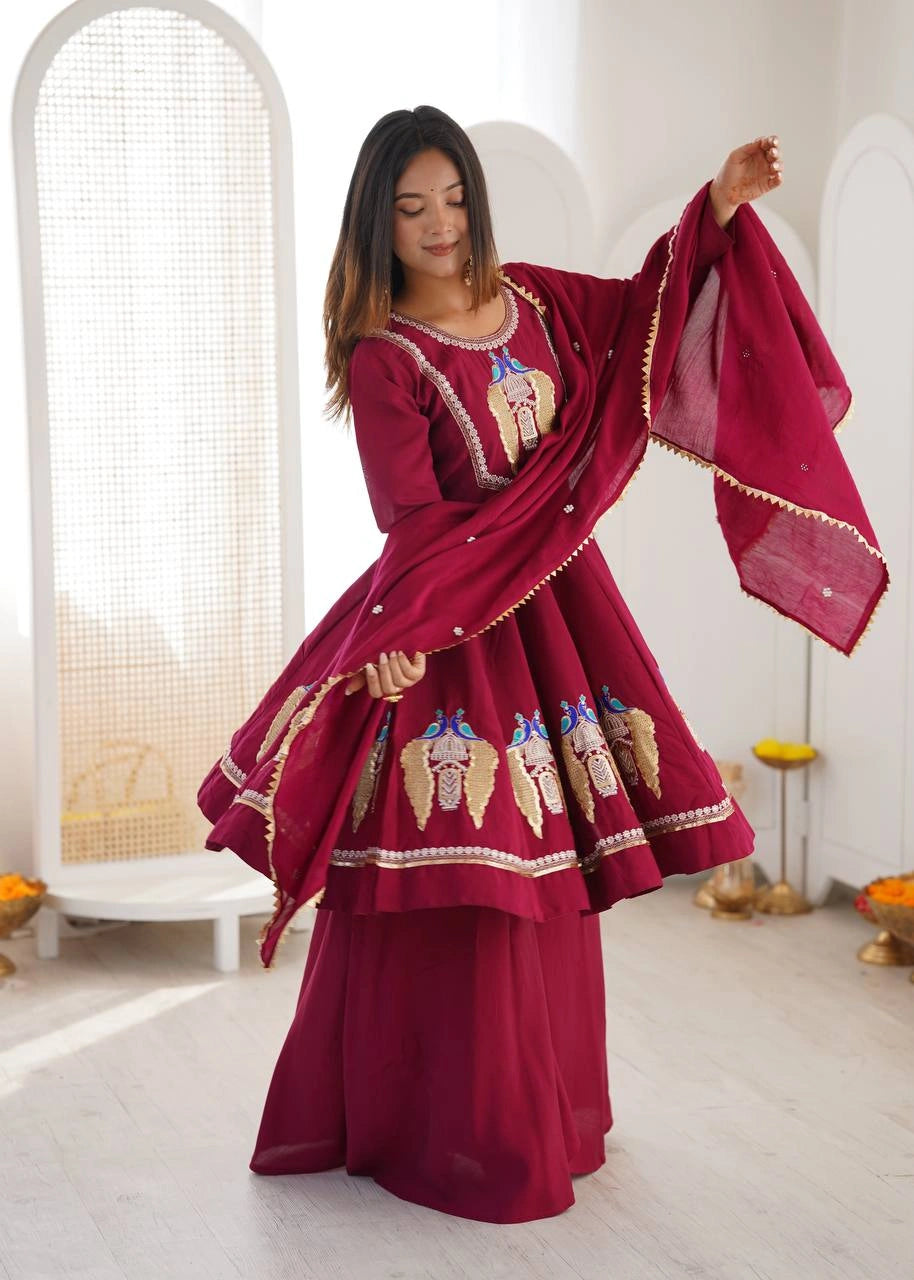Wine Sequins Mirror Work Suit Palazzo KU273 Kalyanja