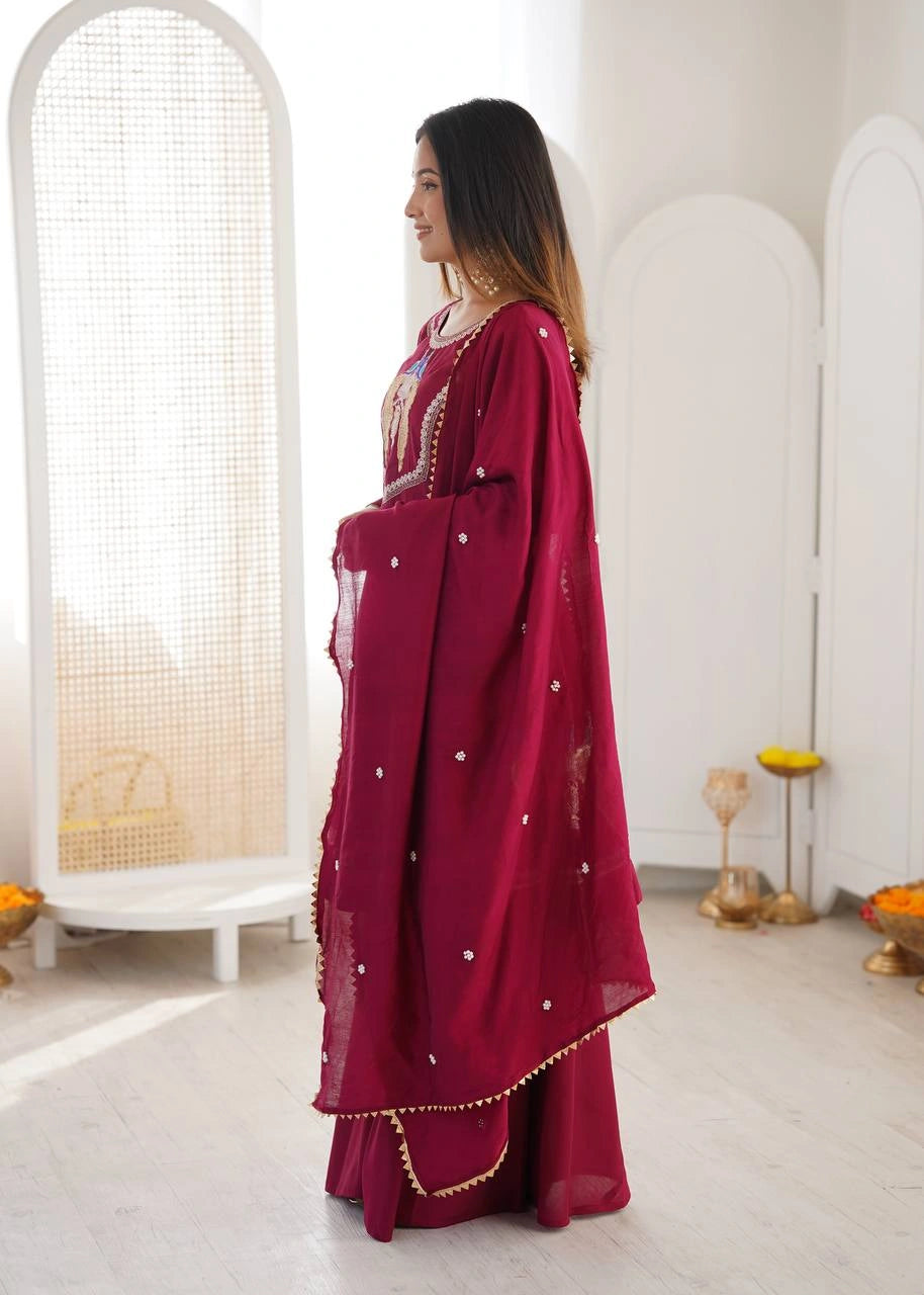 Wine Suit Mirror Work Embroidery Close Up KU273 Kalyanja