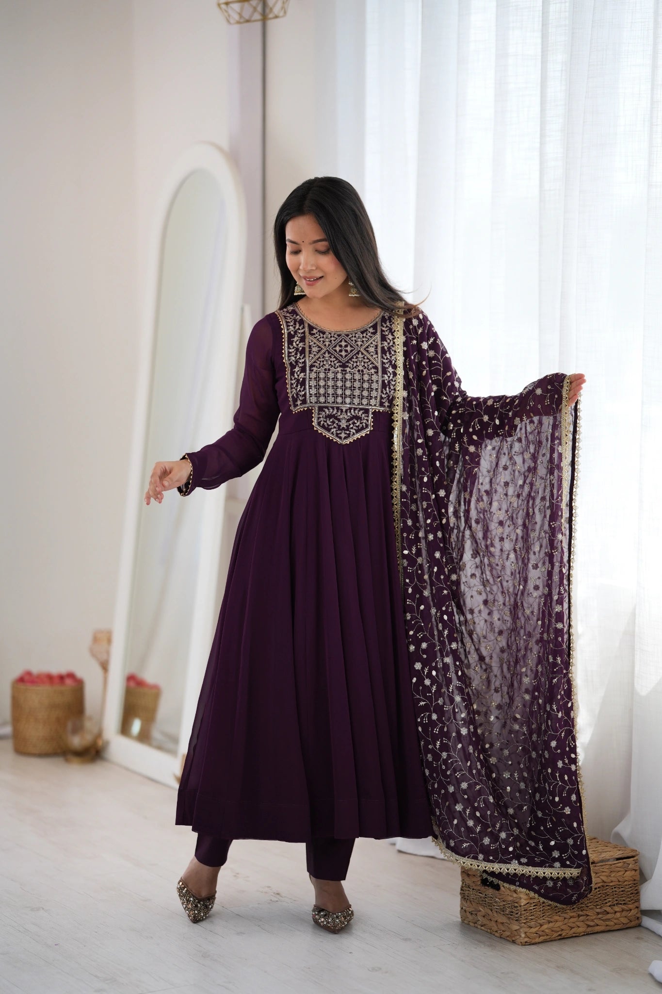 Wine Sequins Embroidered Suit full length front pose Anarkali dupatta spread – Kalyanja KU283