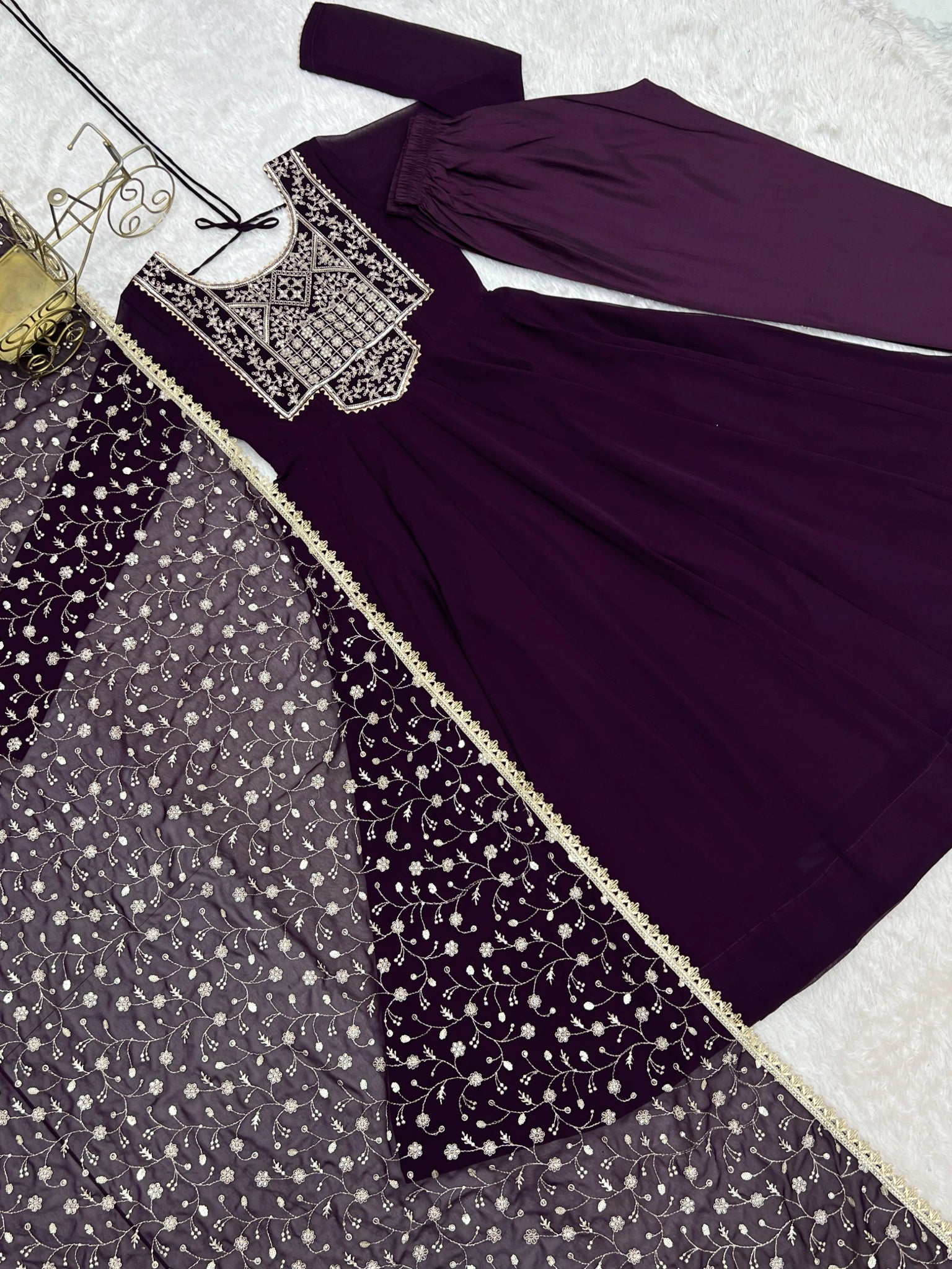 Wine Sequins Embroidered Suit flat lay suit and dupatta embroidery detail – Kalyanja KU283